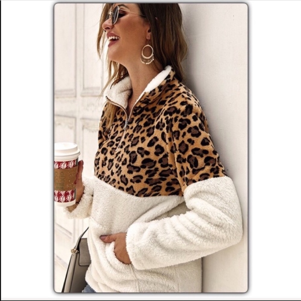 Leopard and White Fleece Half Zip Pullover Jacket - Picture 9 of 9